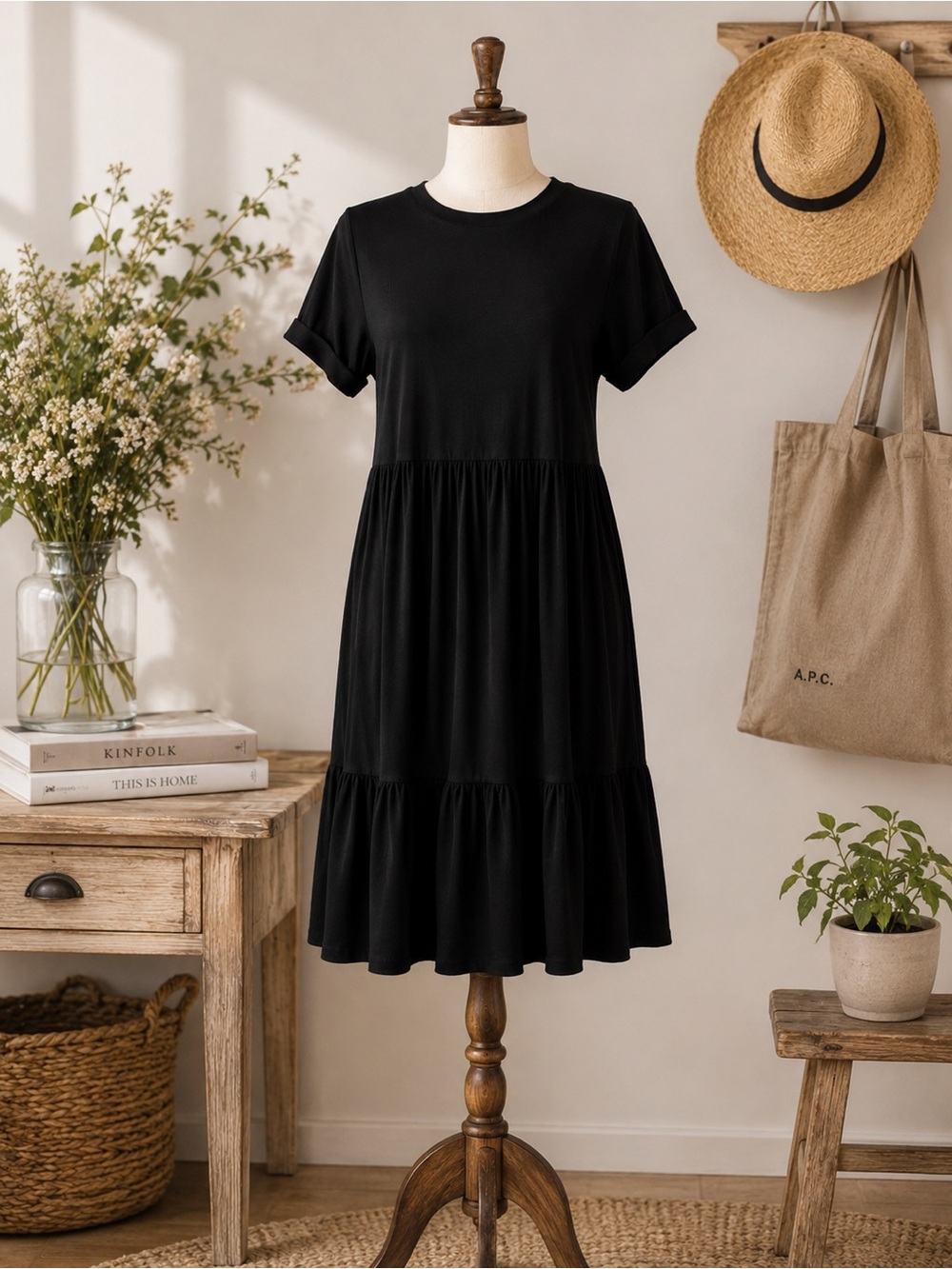 Black Tiered Knee Length Dress L Cottagecore Lagenlook Babydoll Minimalist